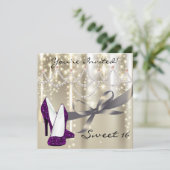 Gold Glimmer Purple Glitter Shoes Sweet Sixteen Invitation (Standing Front)