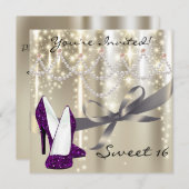 Gold Glimmer Purple Glitter Shoes Sweet Sixteen Invitation (Front/Back)
