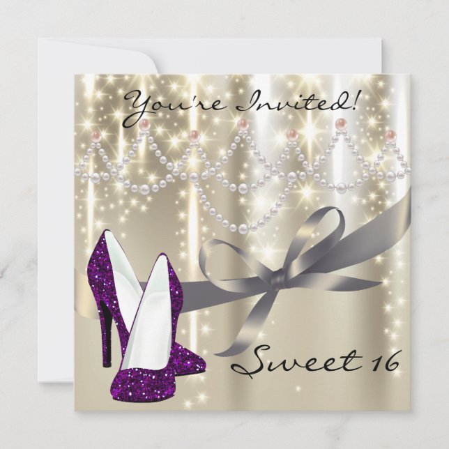 Gold Glimmer Purple Glitter Shoes Sweet Sixteen Invitation (Front)