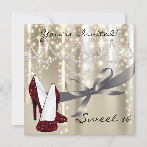 Gold Glimmer Red Glitter Shoes Sweet Sixteen Invitation
