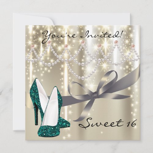 Gold Glimmer Teal Glitter Shoes Sweet Sixteen Invitation