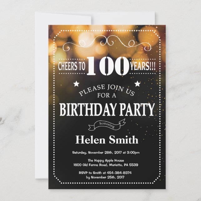 Gold Glitter 100th Birthday Invitation (Front)