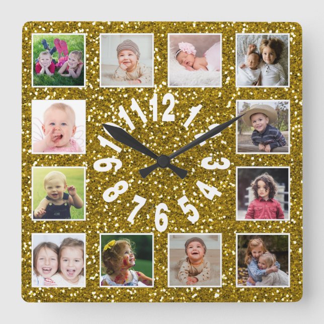 Gold Glitter 12 Photo Collage Square Wall Clock (Front)