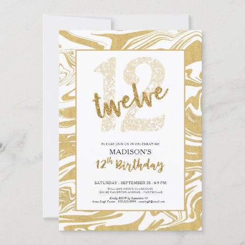 Gold Glitter 12th Birthday Modern Typography Invitation