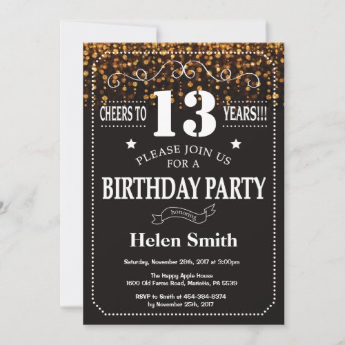 Gold Glitter 13th Birthday Invitation