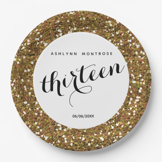Gold Glitter 13th Birthday Paper Plates (Front)