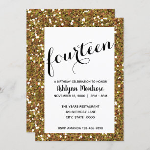 Gold Glitter 14th Birthday Invitation