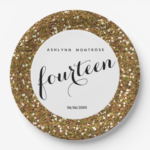 Gold Glitter 14th Birthday Paper Plates