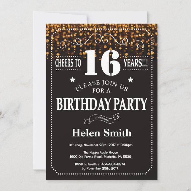 Gold Glitter 16th Birthday Invitation (Front)