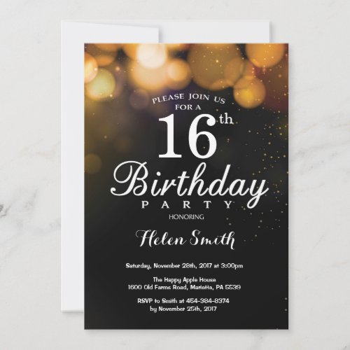 Gold Glitter 16th Birthday Invitation Card