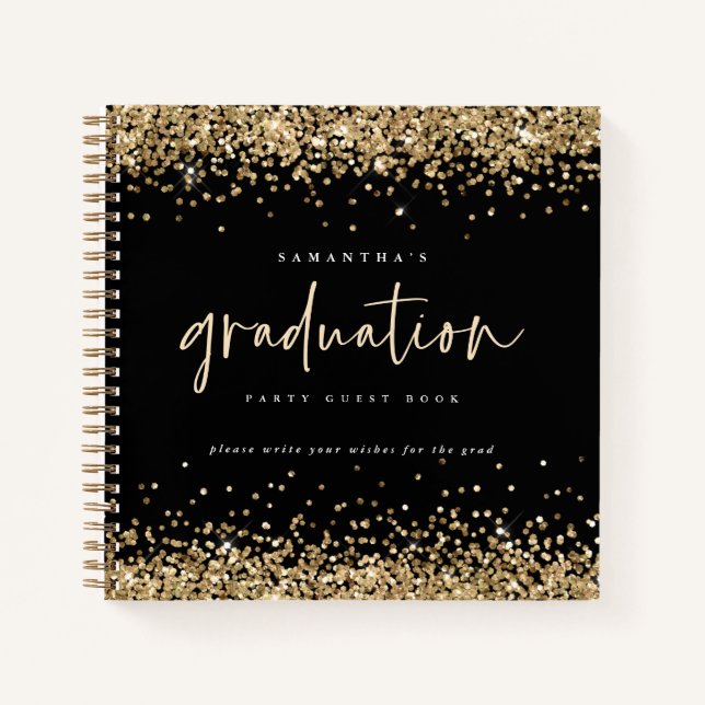 Gold Glitter 2024 Graduation Guest Book Black (Front)