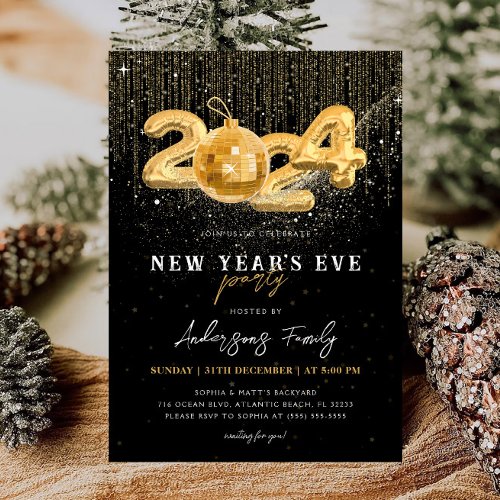 Gold Glitter 2024 New Years Eve Party Black Invitation