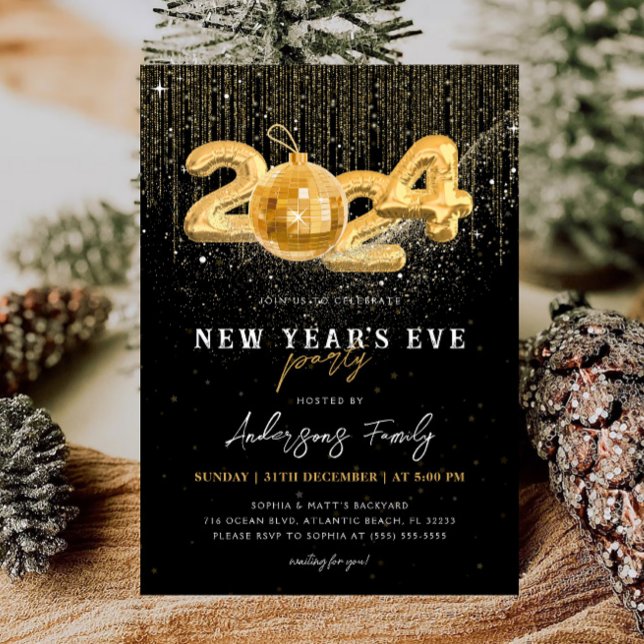 Gold Glitter 2024 New Year's Eve Party Black Invitation (Creator Uploaded)