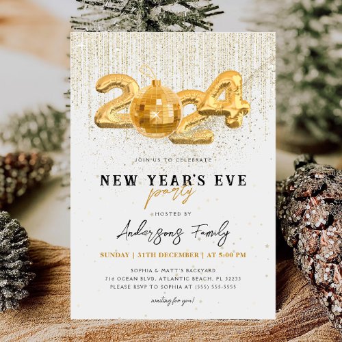 Gold Glitter 2024 New Years Eve Party White Invitation