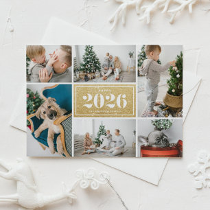 Gold Glitter 2026 Happy New Year Photo Collage Holiday Card