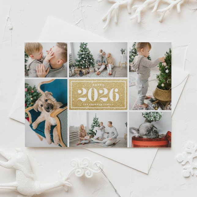 Gold Glitter 2026 Happy New Year Photo Collage Holiday Card (Send 2026 new year cheer with this photo collage Happy New Year Card featuring faux gold glitter. )