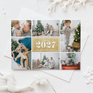 Gold Glitter 2027 Happy New Year Photo Collage Holiday Card