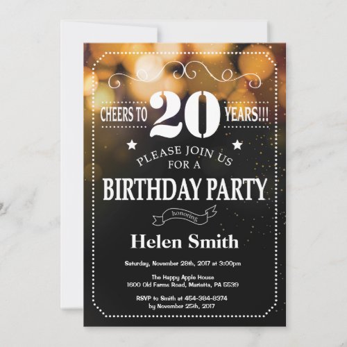 Gold Glitter 20th Birthday Invitation