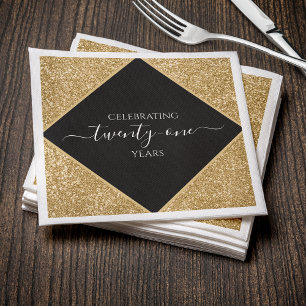 Gold Glitter 21st Anniversary Happy Birthday Party Napkins