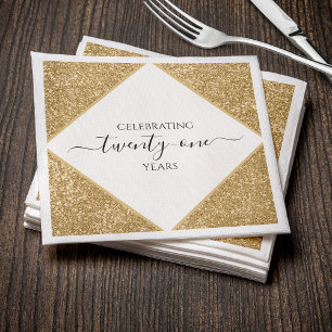 Gold Glitter 21st Anniversary Happy Birthday Party Napkins