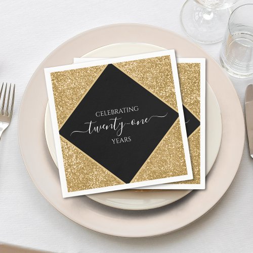 Gold Glitter 21st Anniversary Happy Birthday Party Napkins