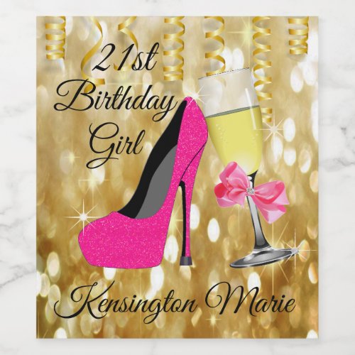 Gold Glitter 21st Birthday Girl Sparkling Wine or Wine Label