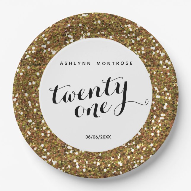 Gold Glitter 21st Birthday Paper Plates (Front)