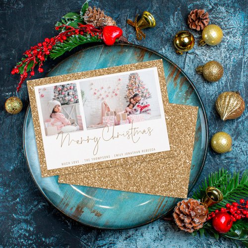 Gold Glitter 2 Photo Script Merry Christmas Card