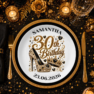 Gold Glitter 30th Birthday Black Luxury Party Plat Paper Plates
