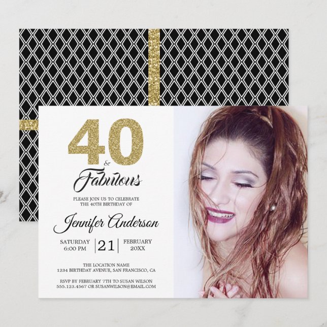 Gold Glitter 40 and Fabulous 40th Birthday Photo Invitation (Front/Back)