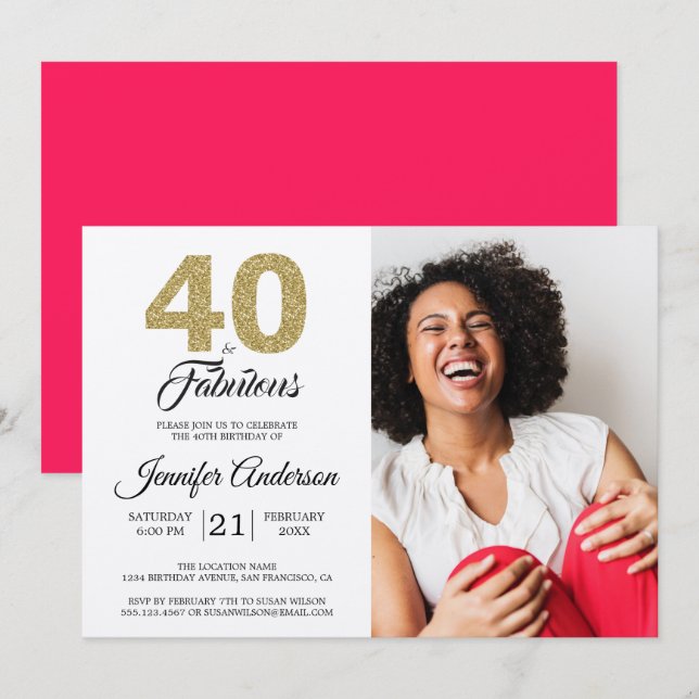 Gold Glitter 40 & Fabulous Birthday Photo Invitation (Front/Back)