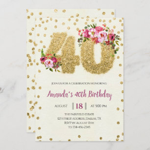 Gold Glitter 40th Birthday Invitation