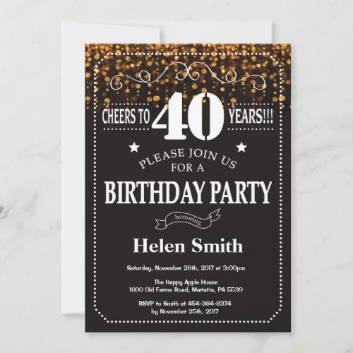 Gold Glitter 40th Birthday Invitation