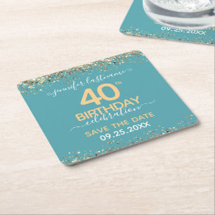 Gold Glitter 40th Birthday Save the Date Square Paper Coaster