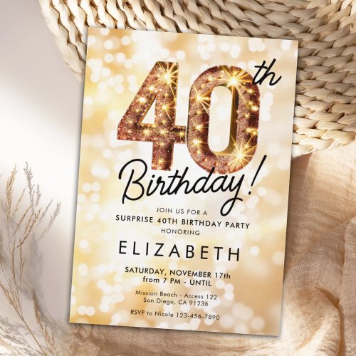 Gold Glitter 40th Digital Birthday Invitation