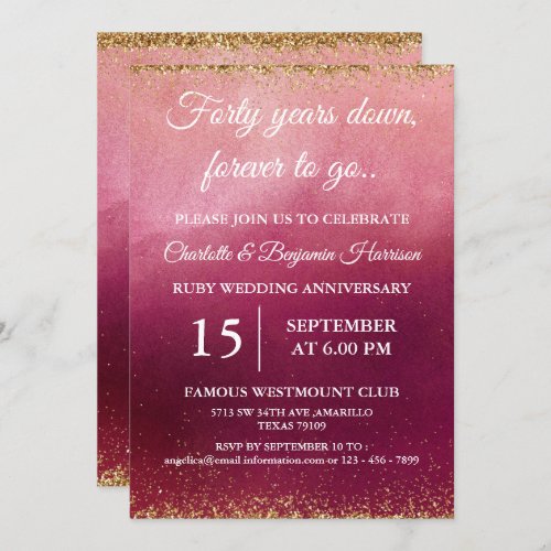 Gold Glitter 40th Ruby Wedding Anniversary  Invitation
