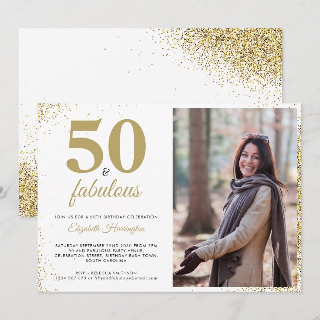Gold Glitter 50 And Fabulous Birthday Invitation (Front/Back)