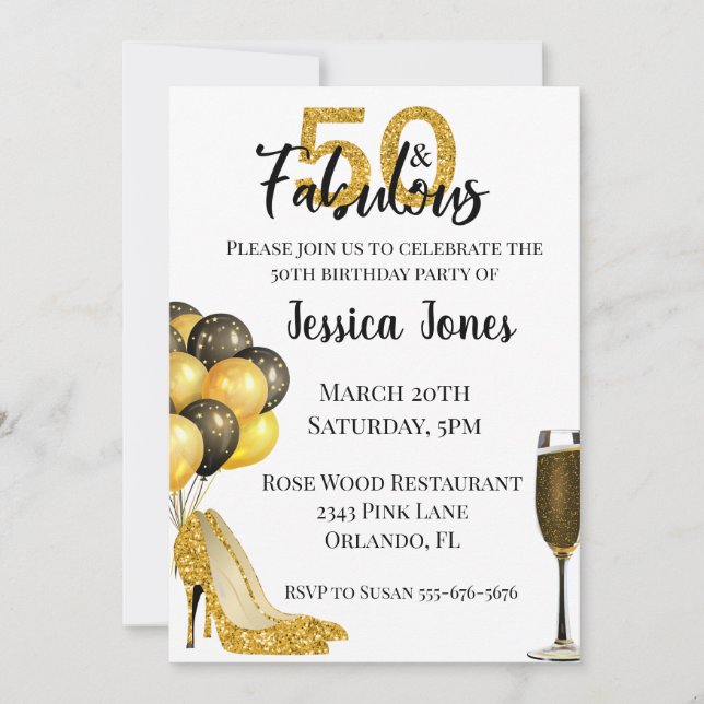 Gold Glitter 50 and Fabulous Fifty Birthday Gold Invitation (Front)