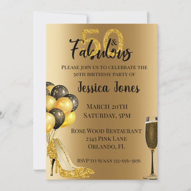 Gold Glitter 50 and Fabulous Fifty Birthday Gold Invitation (Front)