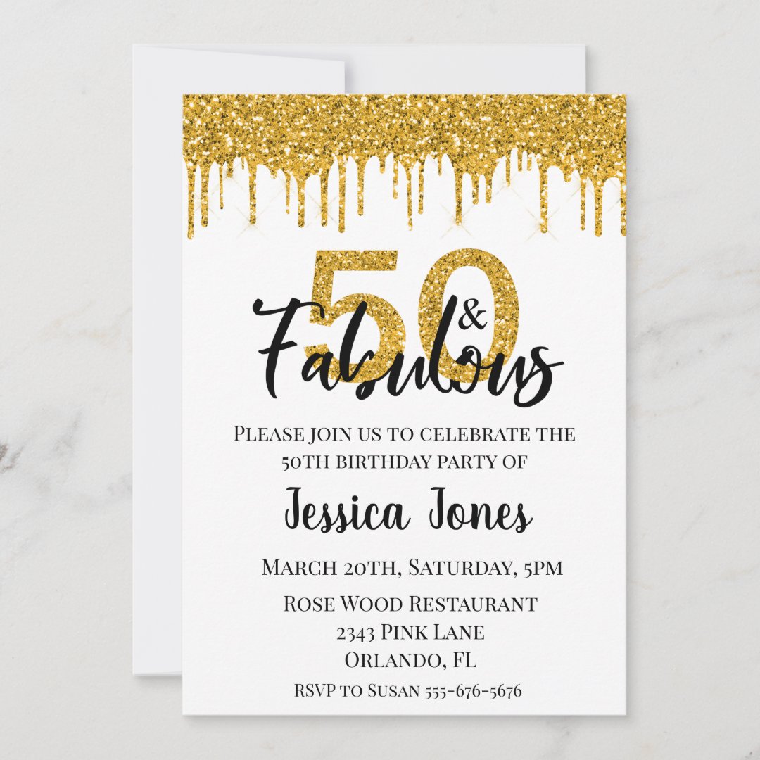 Gold Glitter 50 and Fabulous Fifty Birthday party Invitation | Zazzle