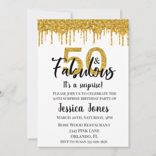 Gold Glitter 50 and Fabulous Fifty Surprise Party Invitation