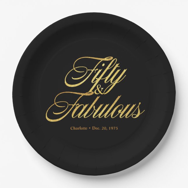 Gold Glitter 50 and Fabulous Modern 50th Birthday  Paper Plates (Front)
