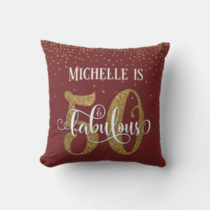 Gold Glitter 50 & Fabulous Birthday Burgundy Throw Pillow