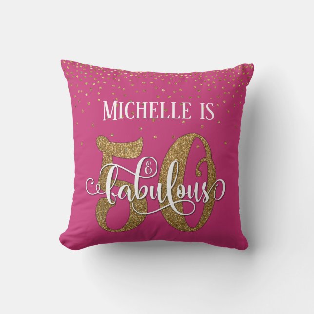 Gold Glitter 50 & Fabulous Birthday on Hot Pink Throw Pillow (Front)