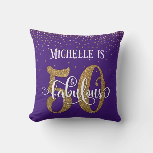 Gold Glitter 50  Fabulous Birthday on Purple Throw Pillow