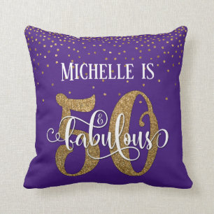 Gold Glitter 50 & Fabulous Birthday on Purple Throw Pillow