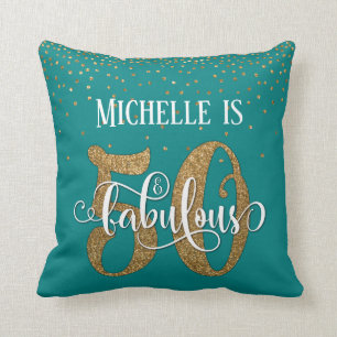 Gold Glitter 50 & Fabulous Birthday on Teal Throw Pillow
