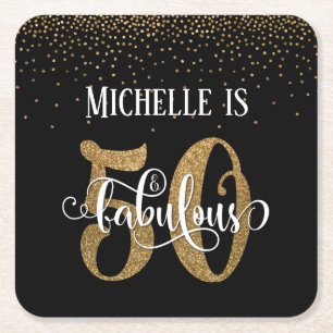 Gold Glitter 50 & Fabulous Black Birthday Square Paper Coaster