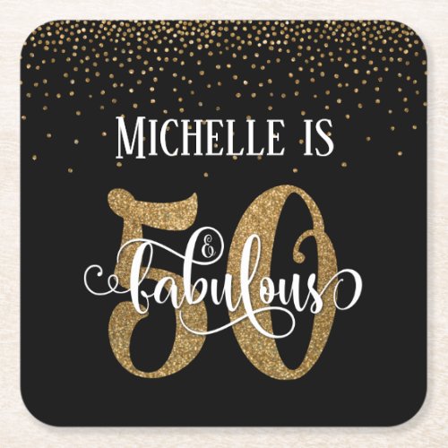 Gold Glitter 50  Fabulous Black Birthday Square Paper Coaster