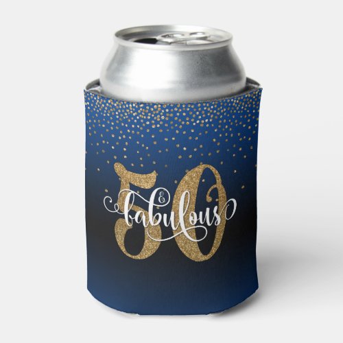 Gold Glitter 50  Fabulous Blue Ombre Birthday Can Cooler